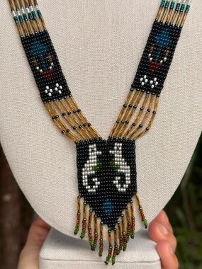 Elegant handwoven Beaded Necklace with Gold and Black Details, Nautical inspired